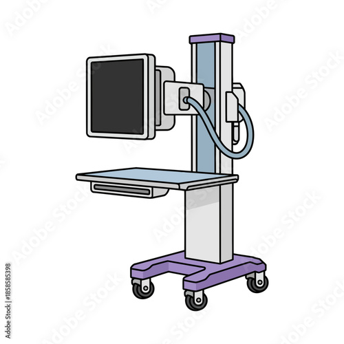 A professional illustration of a medical equipment cart with a monitor on wheels
