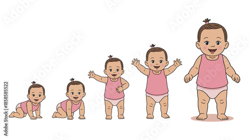 Baby growth stages: illustration showing developmental milestones from crawling to standing