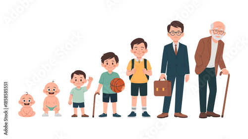 The stages of human life from infancy to old age in cartoon illustration