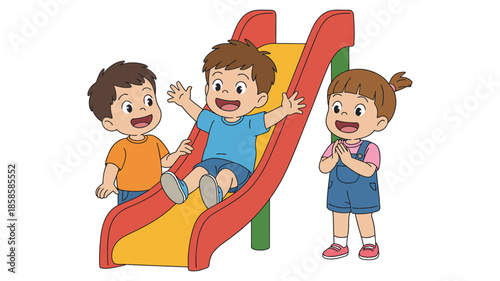 Joyful play: three children having fun on a playground slide during recess
