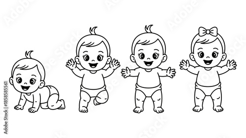 Cute baby growth development stages illustration, from crawling to standing up
