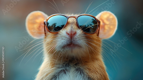 Funny studio portrait of mouse wearing sunglasses.