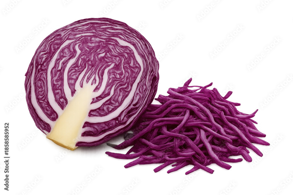 Obraz premium Red cabbage cut in half with shredded pieces