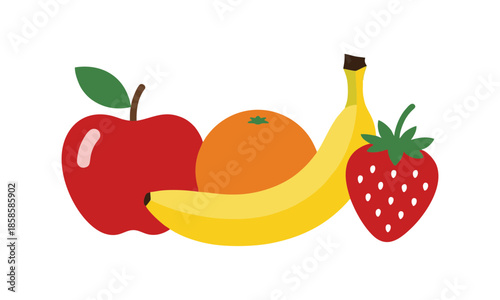 A vibrant arrangement of fresh fruit including apple, orange, banana, and strawberry displayed together in a colorful still life composition.