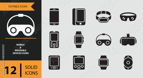 A comprehensive set of 12 solid icons featuring modern mobile and wearable smart devices