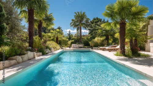 Wallpaper Mural The scene shows a swimming pool surrounded by palm trees and lush greenery. Sunlight reflects off the clear water creating a bright inviting atmosphere. Torontodigital.ca