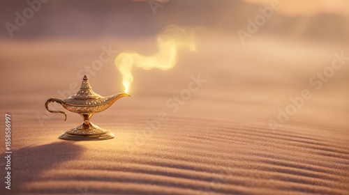 Enchanting desert wish lamp scene evokes magic calm golden light fantasy stock photo art