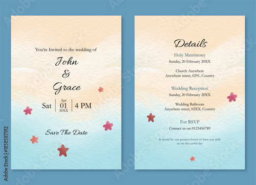 Beach flatlay wedding invitation with seashells and starfish on sandy background, summer destination wedding concept