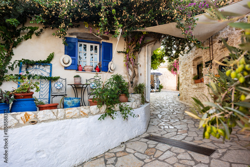 Afionas old village on the top of the hill near Porto Timony beach, Corfu, Greece 