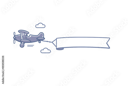 Cartoon biplane flying with a banner and clouds