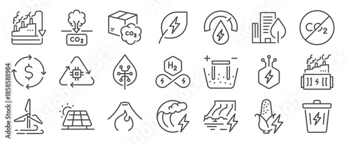 Specific Green Tech icon set. It includes Carbon Capture, Carbon, Utilization, Hydrogen, Electrolysis, clean energy, and more icons. Editable Vector Stroke.
