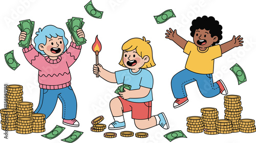 Cartoon kids with money, coins, and bills showing excitement, wealth, financial behavior, spending habits, and playful economic illustration concept