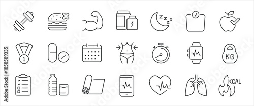 Icons set of healthy lifestyle dieting sport fitness healthcare