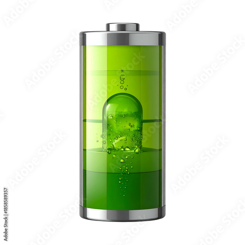 A graphic depiction of a cylindrical battery with graduated green charge levels