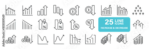 Increase and Decrease Line Icon Set Collection of Growth and Decline Related Vector Symbols such as Chart, Arrow, Money, Coin, Percentage with Tag on Isolated Background