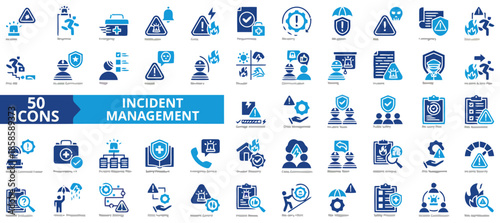 Incident management vector icon set collection in blue color with element as health and safety, communication protocol, emergency service, accident security, disaster recovery and hazard response