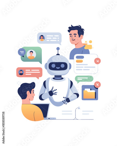 Artificial Intelligence Robot Interacting with Business People in Digital Workspace.