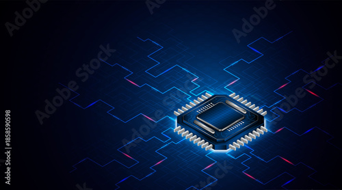 Microchip processor circuit board technology on dark blue background. Information Processing Concept. Circuit board hi-tech technology background. vector illustration