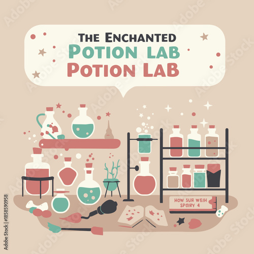 A whimsical illustration of "The Enchanted Potion Lab" with various magical bottles, beakers, and spellbooks, set in a cozy, fantasy-themed laboratory.