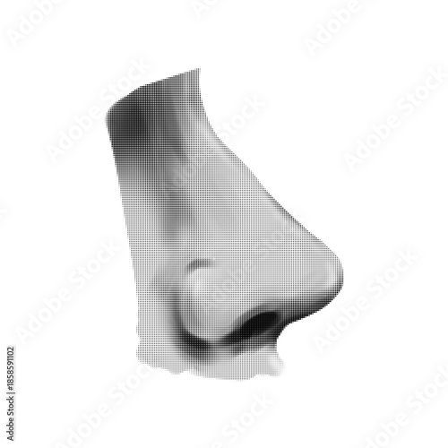 Halftone human nose isolated on white background. Concept of smell, breathing, scent perception and anatomy. Minimal black and white illustration for medical, health and sensory design.