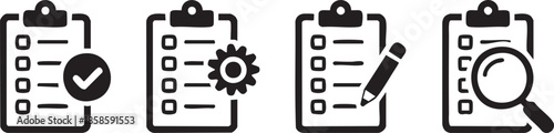 Clipboard icon. Checklist with gear, checkmarks, magnifier and pencil. Quality check line sign. Check List flat line icon. Form icon. Clipboard with gear technical support check list - stock vector.