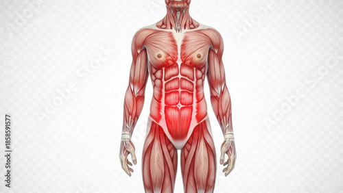 Detailed illustration of human muscular system with red and white muscles