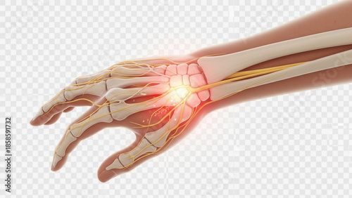 Human hand with wrist pain highlighted for medical concepts
