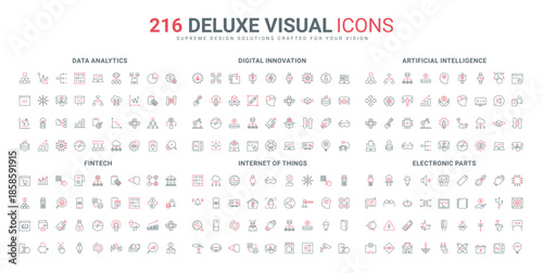 AI environment access and analytics, IoT and digital data of fintech line icon set. Electronics and computer parts, metaverse innovation thin black and red outline symbols vector illustration