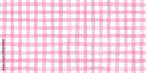 Seamless hand painted pink gingham check pattern with soft watercolor texture. Warm cheerful plaid background ideal for fabric, wallpaper, packaging, stationery, kitchen and summer designs