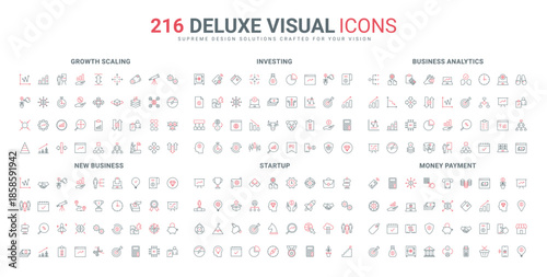 Payment, new project development strategy, scaling arrows line icon set. Money plant growth of business investment and startup rocket, puzzle thin black and red outline symbols vector illustration
