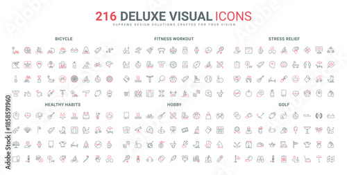 Healthy lifestyle and thinking, food and hobby, bicycle cardio training line icon set. Fitness workout of athlete in gym, stress free health care thin black and red outline symbols vector illustration