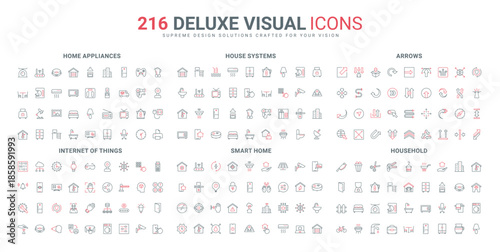 Home appliances, digital system and furniture for household, arrow pointer and cursor line icon set. IOT and settings of gadget of apartment thin black and red outline symbols vector illustration
