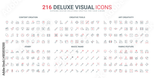 Artwork creation, creativity and visual design tools, hobby for leisure line icon set. Creative graphics and authors ideas, paintbrush, palette thin black and red outline symbols vector illustration