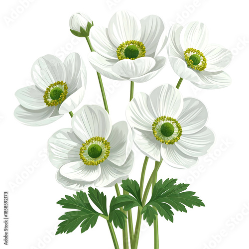 A digitally rendered bouquet of white flowers with yellow centers and green foliage
