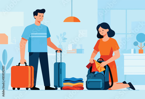 Couple packing suitcases and backpack for a trip