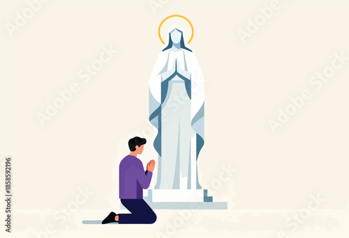 Person kneels in prayer before a serene, haloed statue of a religious figure