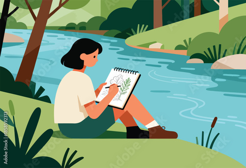 Person sketches plants beside a tranquil blue river amidst a lush, green forest