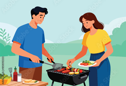 A man and woman barbecue food outdoors on a sunny day