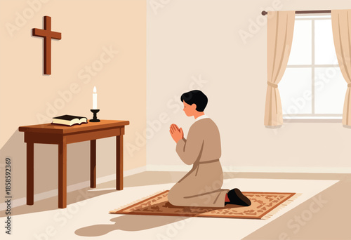 Person kneels in prayer before a table with a book, candle, and wall cross