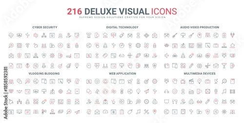 Web application development and support, multimedia device and equipment line icon set. Threat for privacy, cyber security and smart technology thin black and red outline symbols vector illustration