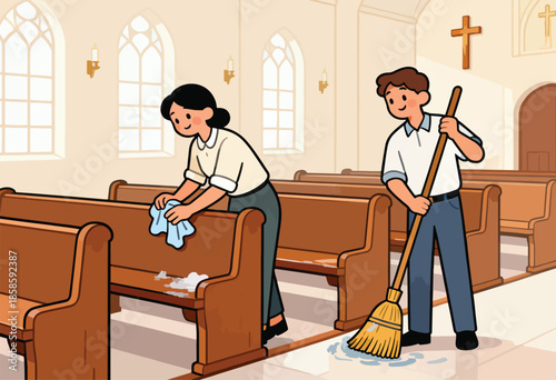 Two smiling people cleaning a church, one sweeping, one wiping pews