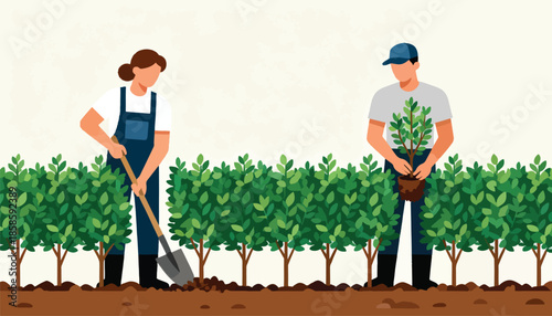 Two people planting saplings in a garden, with one digging and another holding a small tree