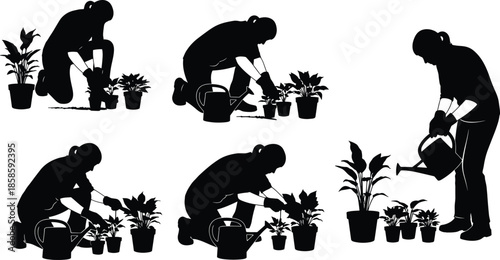 Gardening silhouette vector set showing person planting, watering, and caring for potted plants with tools in black isolated style