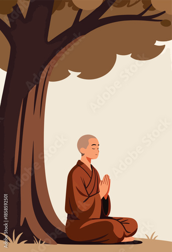 A person in robes sits beneath a tree, meditating with hands pressed together