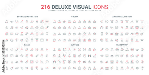 Leadership mindset and vision, collaboration, success solutions search line icon set. Business motivation, recognition awards, honor of champion thin black and red outline symbols vector illustration