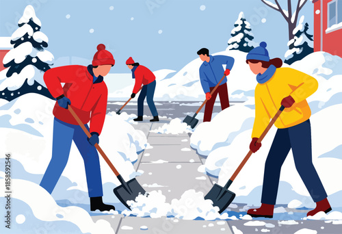 People in winter clothing shoveling snow from a sidewalk