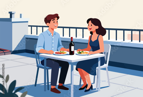 Couple enjoys a romantic dinner on a rooftop patio with wine