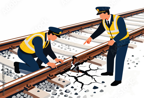 Two uniformed personnel inspect damaged train tracks