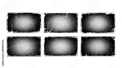 Six black rectangular shapes with grunge borders isolated on a transparent background