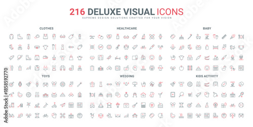 Kids activity and sport, baby food, clothes and care line icon set. Romantic honeymoon and wedding celebration, healthcare and yoga meditation thin black and red outline symbols vector illustration